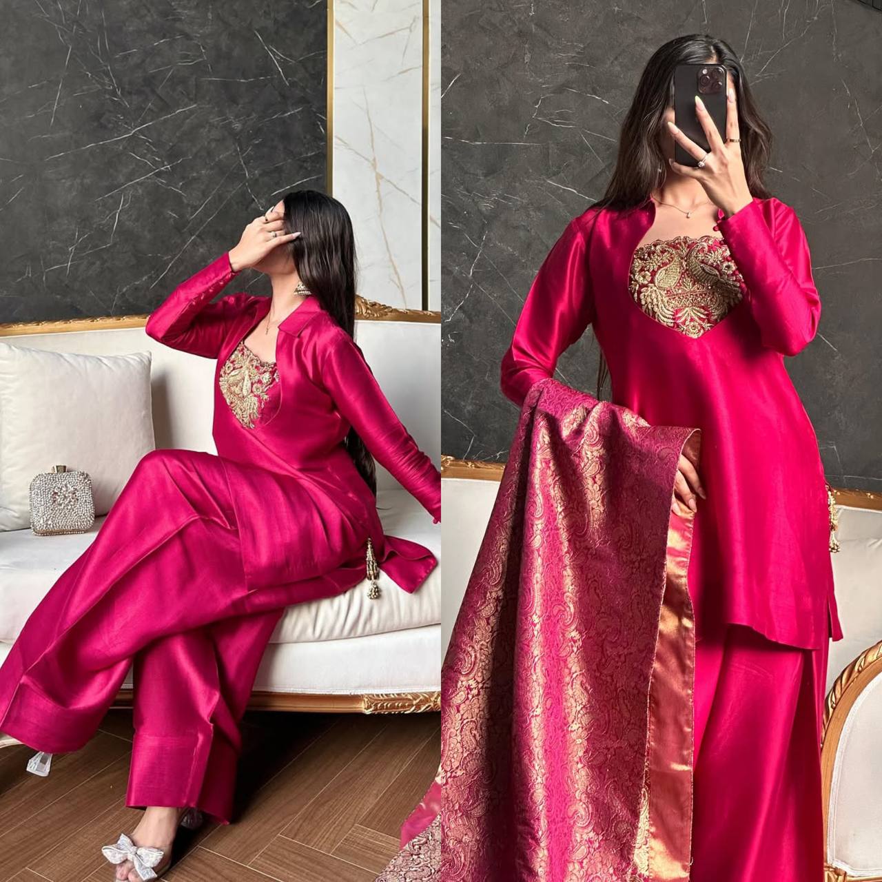 Regal Pink Peacock-Embellished Gala Suit